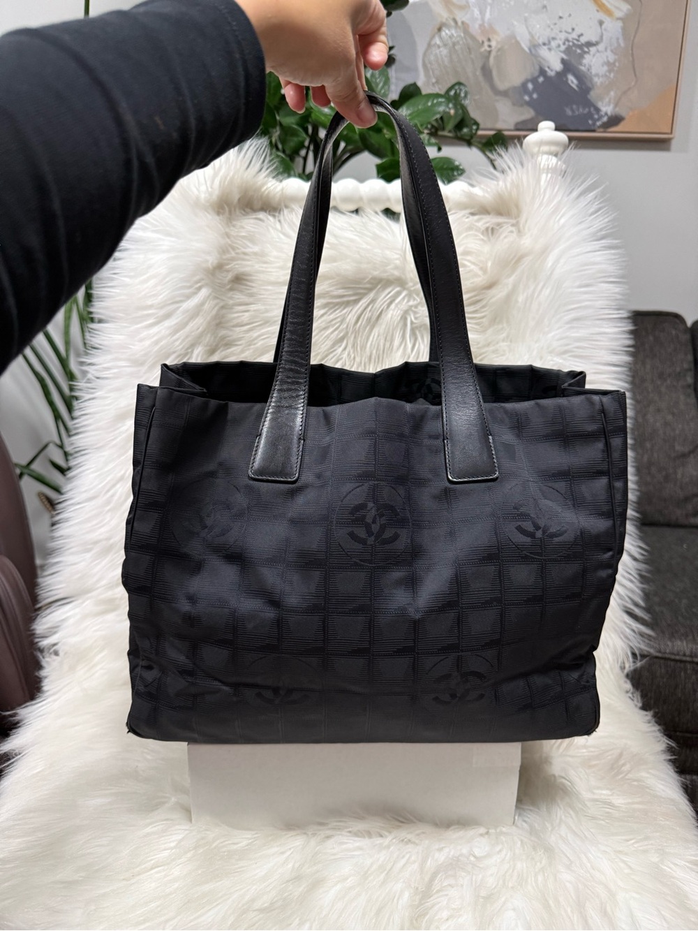 Authentic Chanel Black Travel Ligne Nylon Canvas Tote Bag
